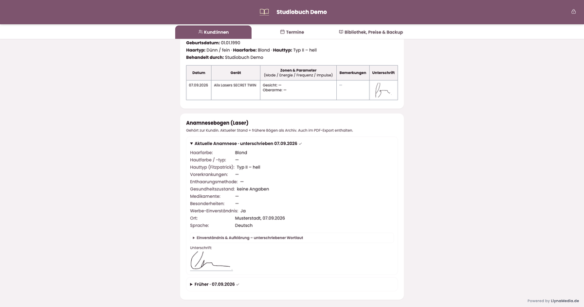 Anamnesebogen mit Angaben zum Gesundheitszustand und geleisteter Unterschrift