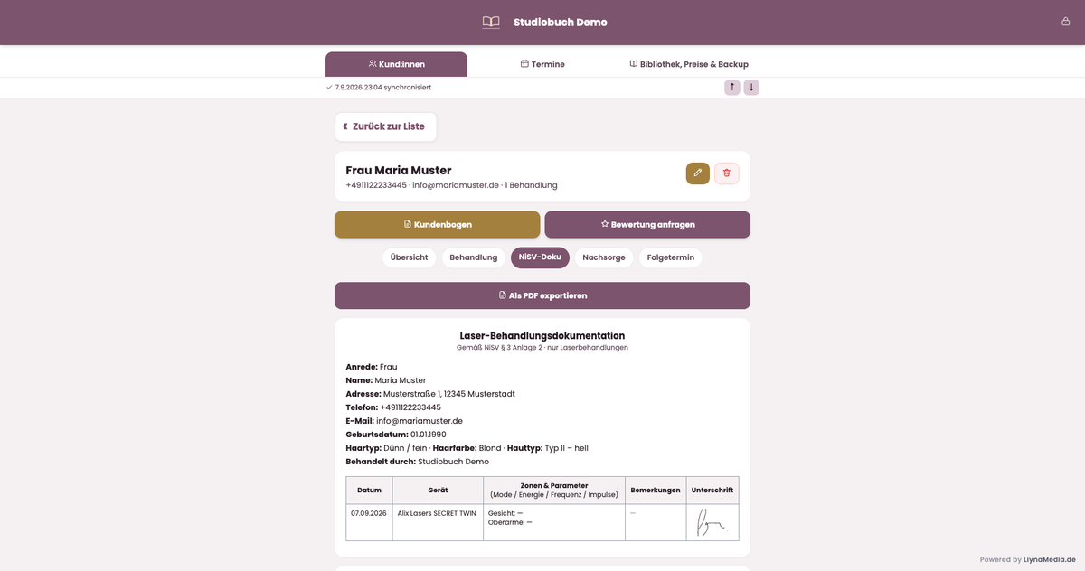 Laser-Behandlungsdokumentation nach NiSV mit Datum, Gerät, behandelten Zonen und Unterschrift